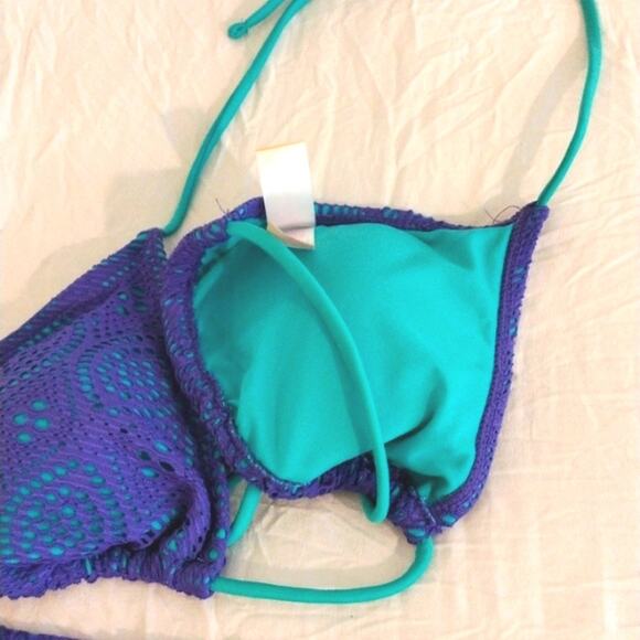 Crochet Eyelet Lace Bikini Sz M BLUE Triangle Bathing Suit Spaghetti Straps NEW - Picture 7 of 15